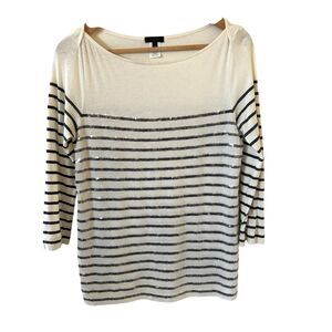 J Crew‎ Women Striped Boatneck Top Size XS Sequins Coastal Preppy Boho Old Money